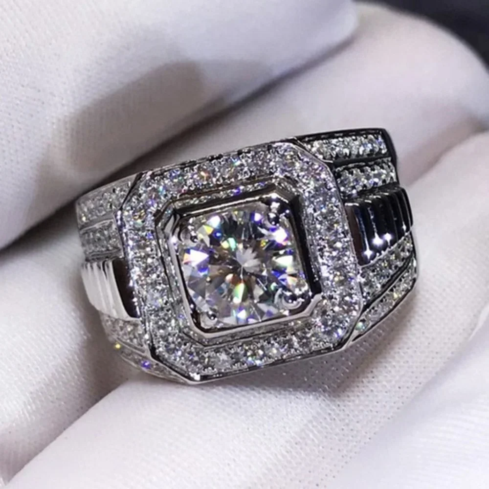 🍁 Fever Square Glitter Zircon Silver Chunky Wedding Rings for Man, PD663